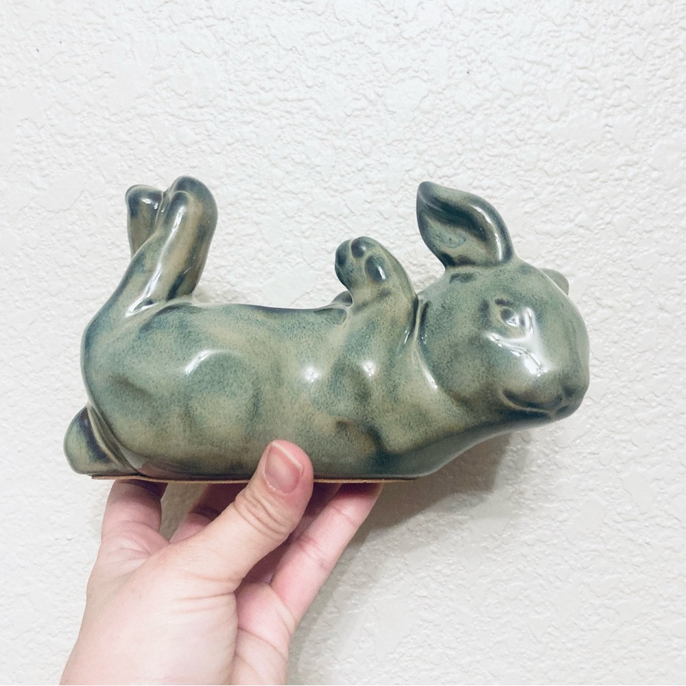 Adorable Playful Glazed Clay Lying Bunny Rabbit Tea Candle Holder